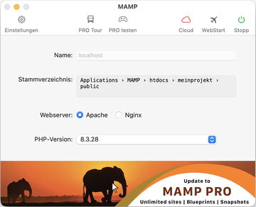 Das Icon rechts oben ist grün, sobald der Webserver läuft.